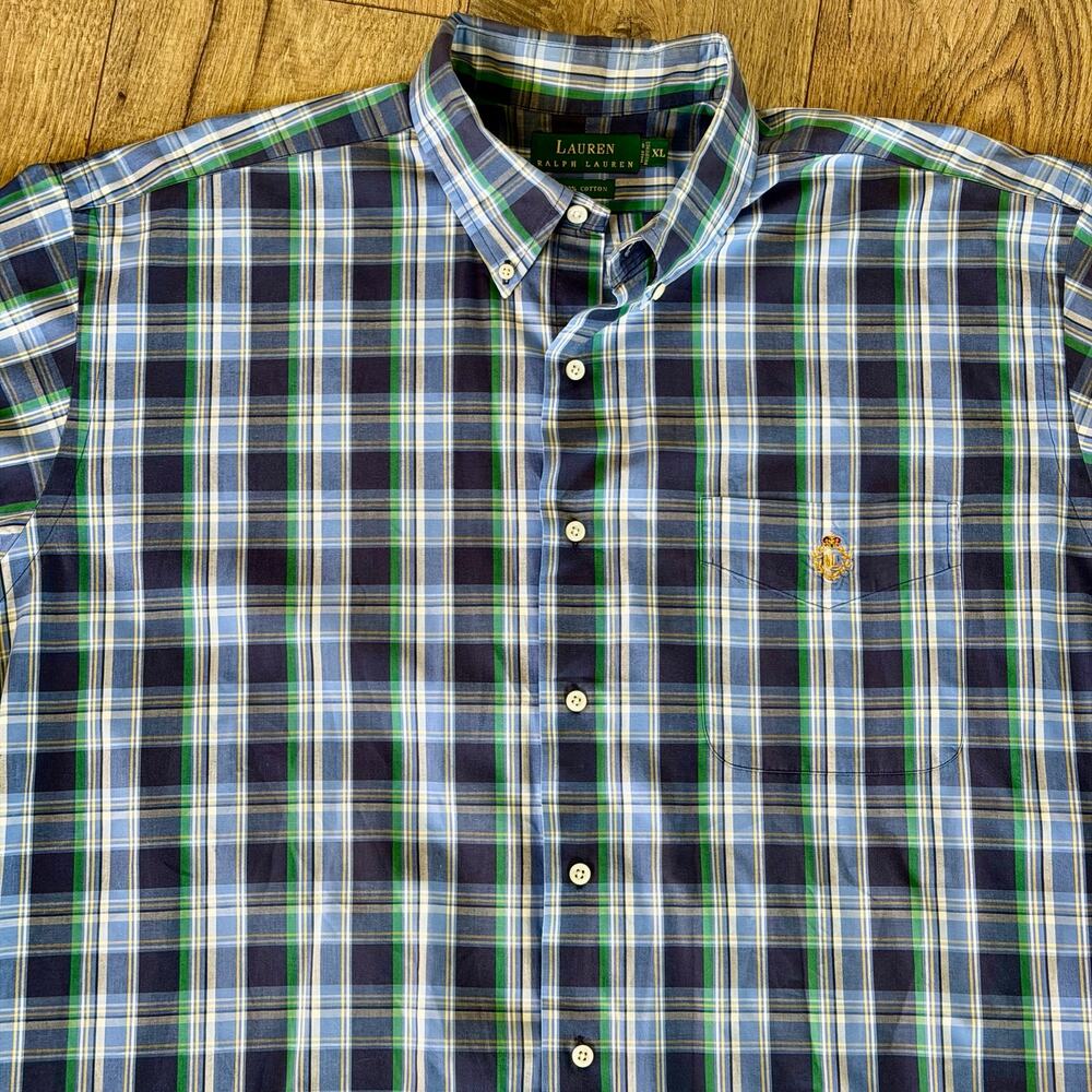 Lauren Ralph Lauren XL Blue Green Plaid Button Front Shirt Crest Logo Cotton
